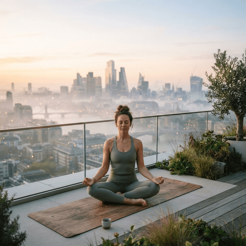 Woman sitting comfortably on a mat and practicing mindfulness meditation above a quiet city at sunrise