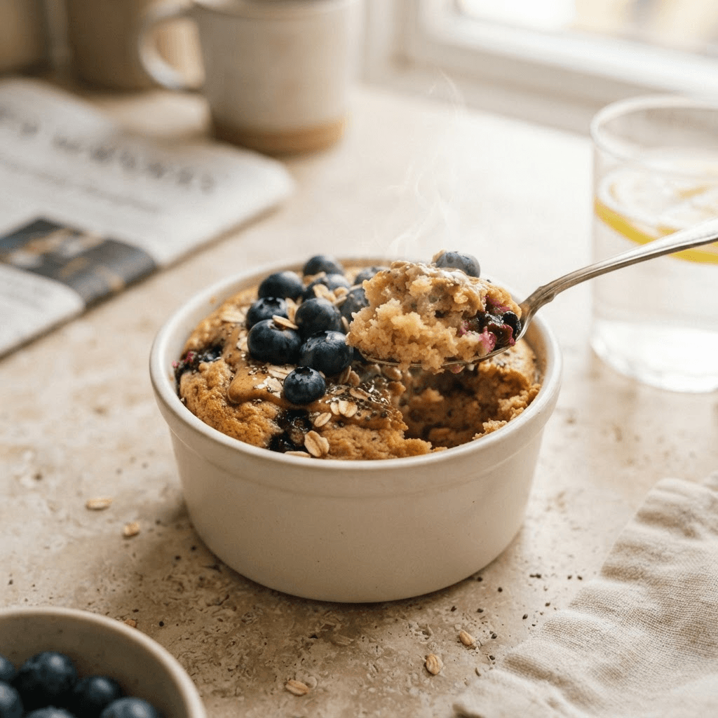 Single-serving high-protein baked oats in a white ramekin with a spoon lifting a soft bite, topped with blueberries and a drizzle of nut butter