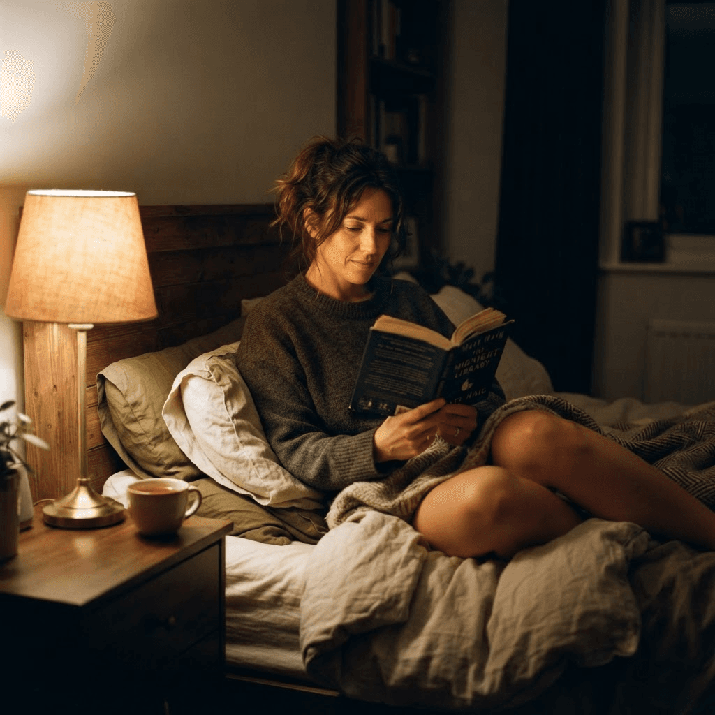 Adult sitting up in bed reading a paperback book under a warm bedside lamp in a dim cozy bedroom as part of a calming bedtime routine