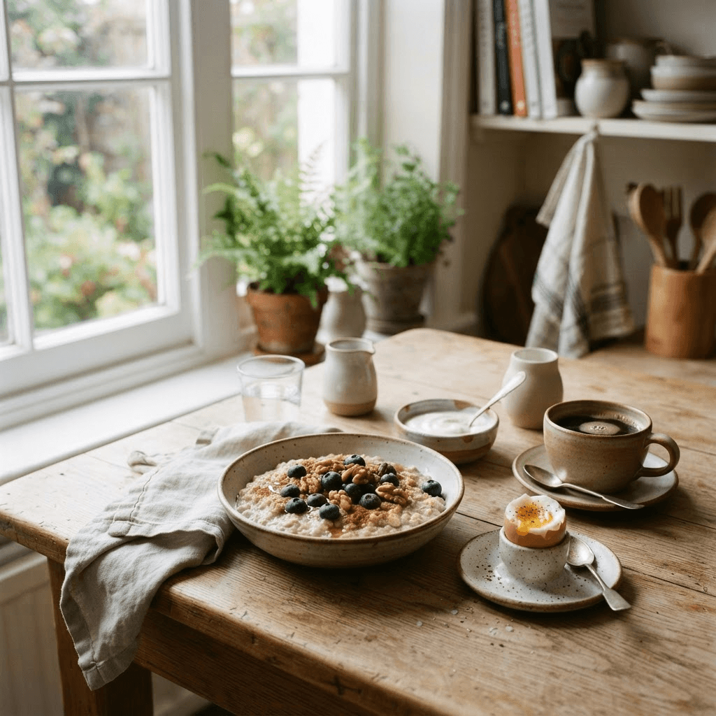 Oatmeal with blueberries and walnuts beside plain yogurt and an egg on a morning kitchen table