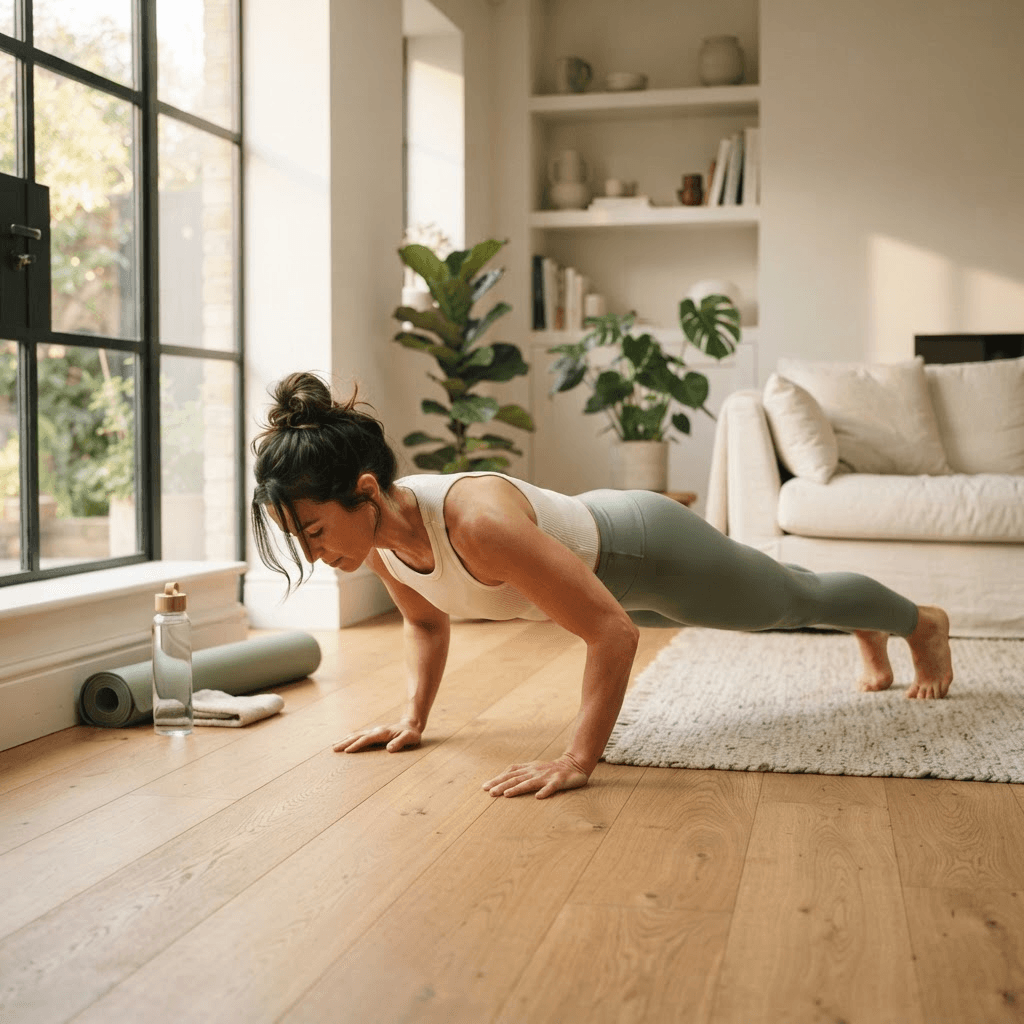 Woman performing a controlled push-up on the floor of a bright minimal living room during a no equipment home workout