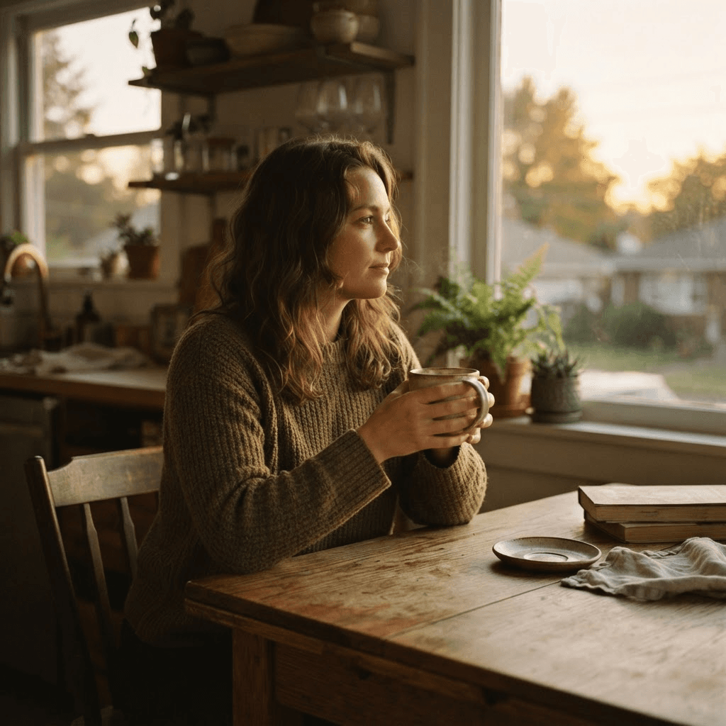 Person holding a warm mug of coffee at a kitchen table in golden late-afternoon light as evening approaches, weighing whether it is too late for caffeine before bed