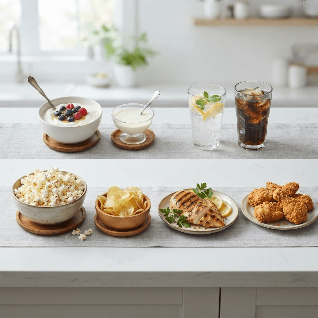 Lower-calorie food swaps arranged in two rows on a countertop, including Greek yogurt, sparkling water, popcorn and grilled chicken