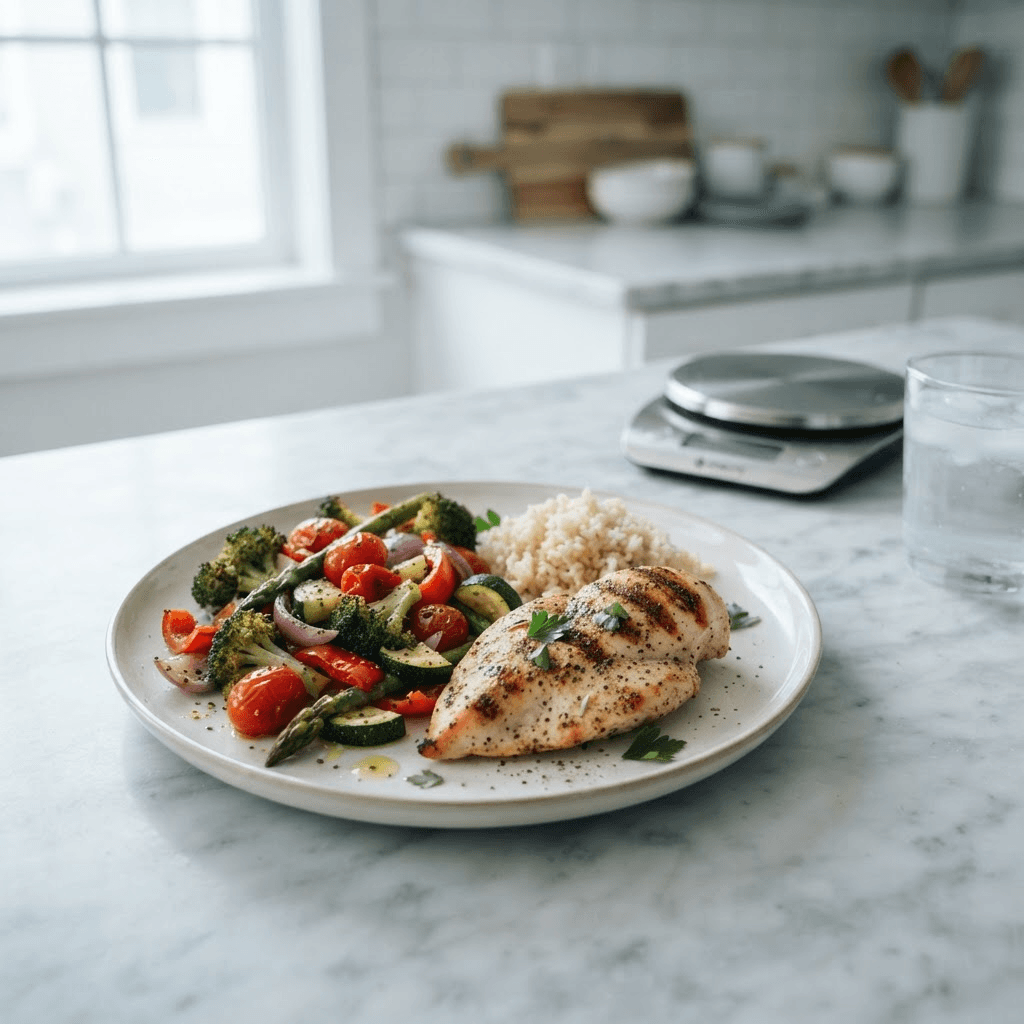 Balanced portion-controlled dinner plate of grilled chicken, roasted vegetables and rice on a bright kitchen counter beside a kitchen scale
