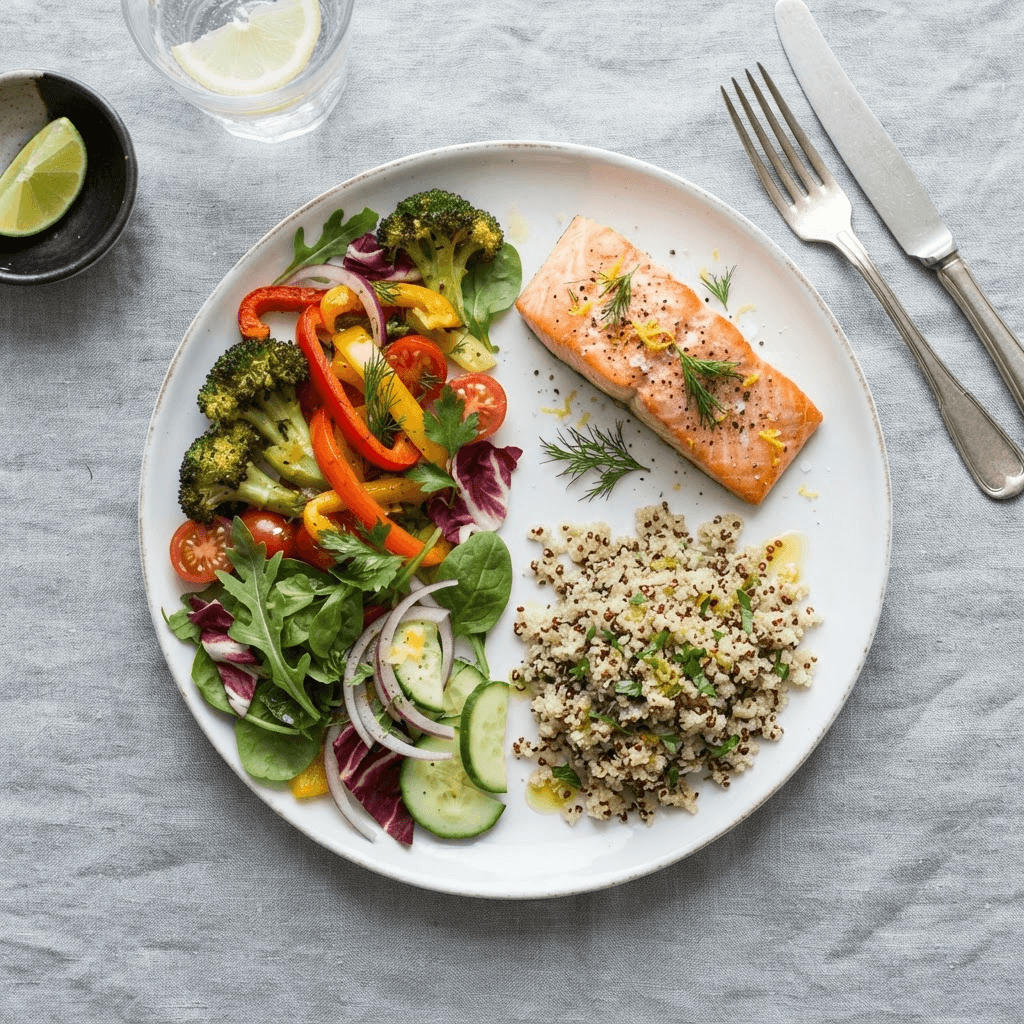 Overhead healthy plate showing half vegetables, one quarter salmon and one quarter quinoa, illustrating the plate method for a calorie deficit