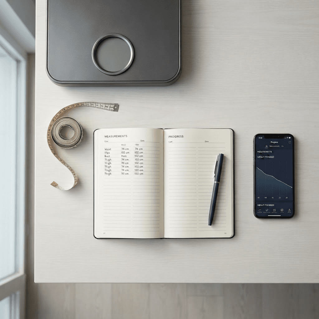 Flat lay of a tape measure, a notebook and pen, a bathroom scale and a phone, representing tracking weight loss progress beyond the scale
