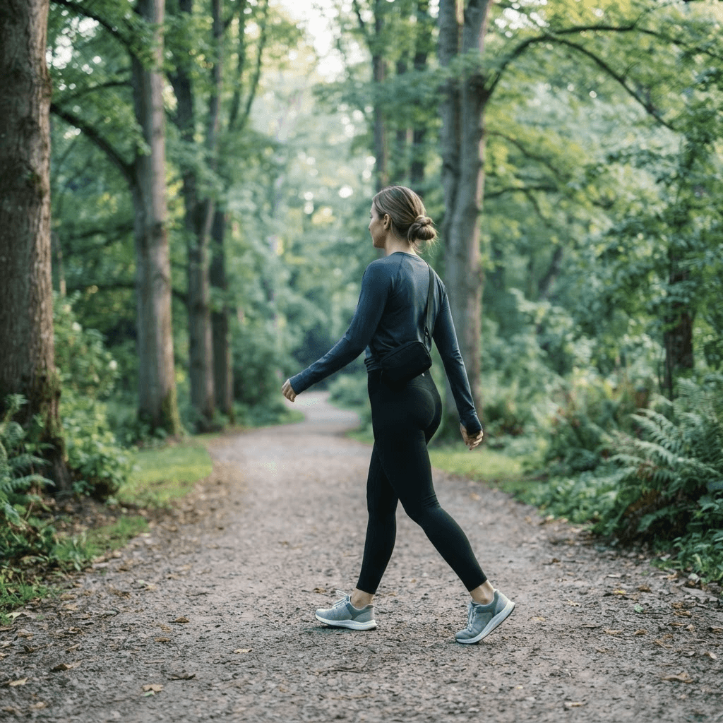Person walking briskly along a tree-lined path in morning light, representing daily non-exercise movement for fat loss