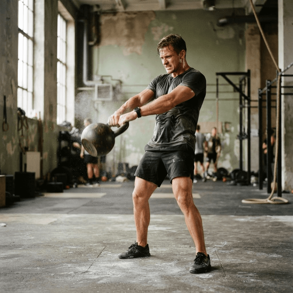 Man swinging a cast iron kettlebell to hip height with a braced core in a concrete gym