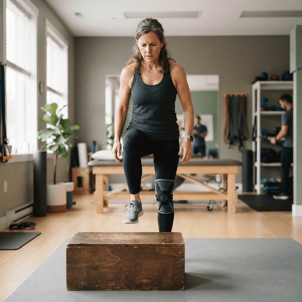 Woman stepping up onto a low box with a knee support sleeve during a physiotherapy session