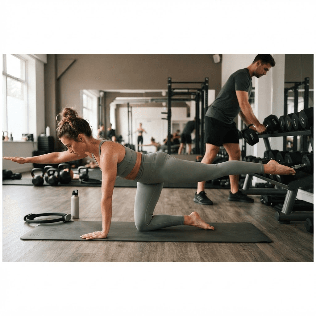 Woman holding a pilates mat position while a man racks a dumbbell behind her in a shared studio gym