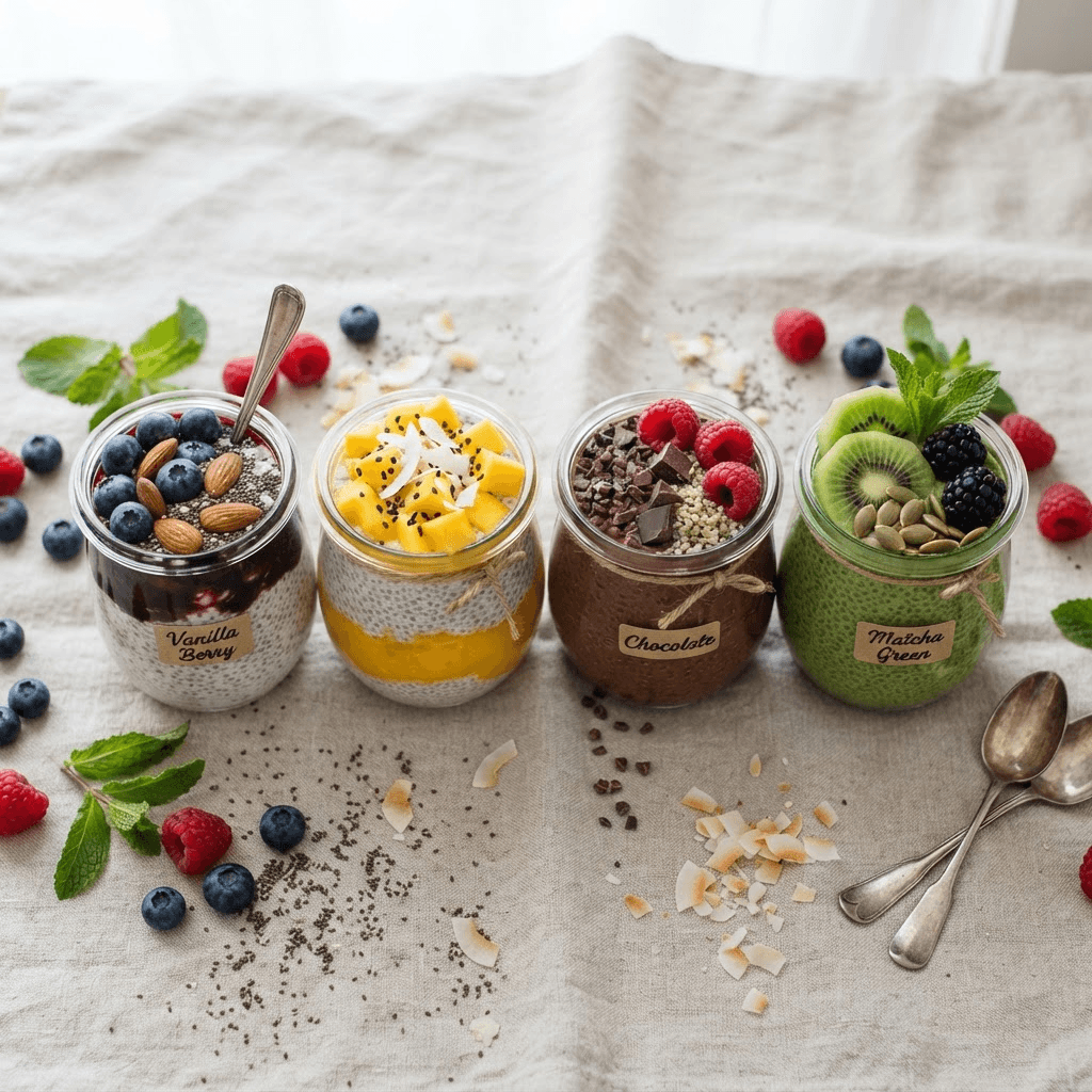 Overhead flat lay of four jars of chia pudding in different flavors: vanilla berry, mango coconut, chocolate and matcha, each topped with fresh fruit and seeds