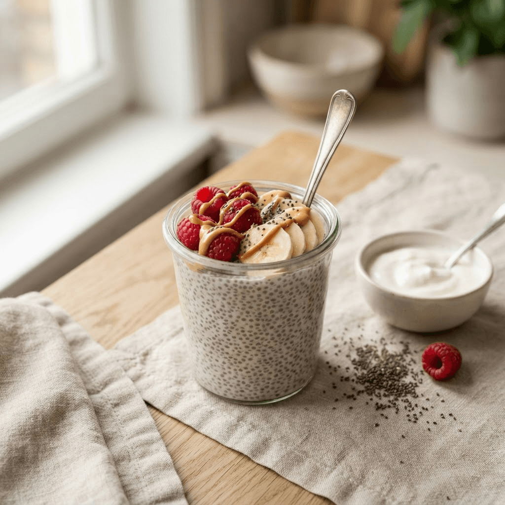 Glass jar of thick, perfectly set high-protein chia pudding topped with raspberries, sliced banana and a drizzle of peanut butter, with a spoon standing upright in it