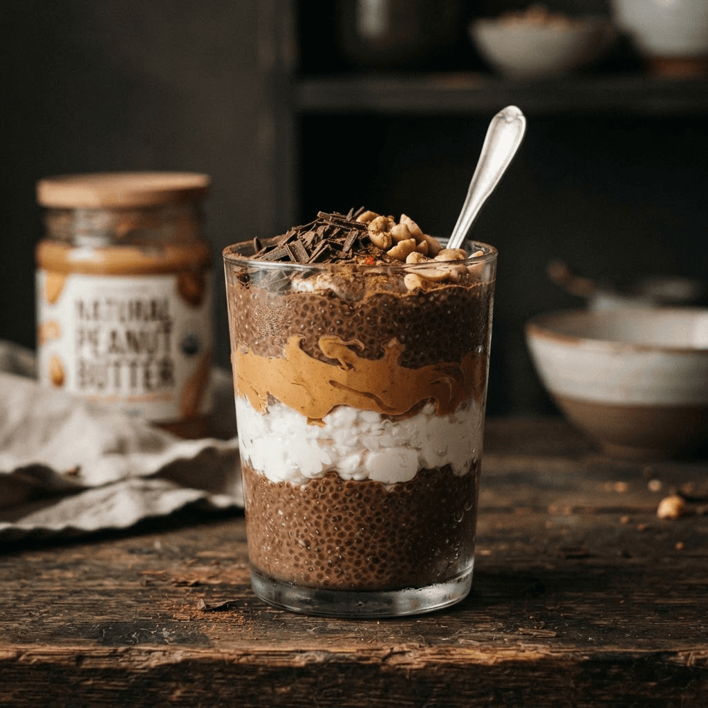 A tall glass layered with chocolate peanut butter high-protein chia pudding, Greek yogurt and a peanut butter swirl, topped with dark chocolate shavings and chopped peanuts