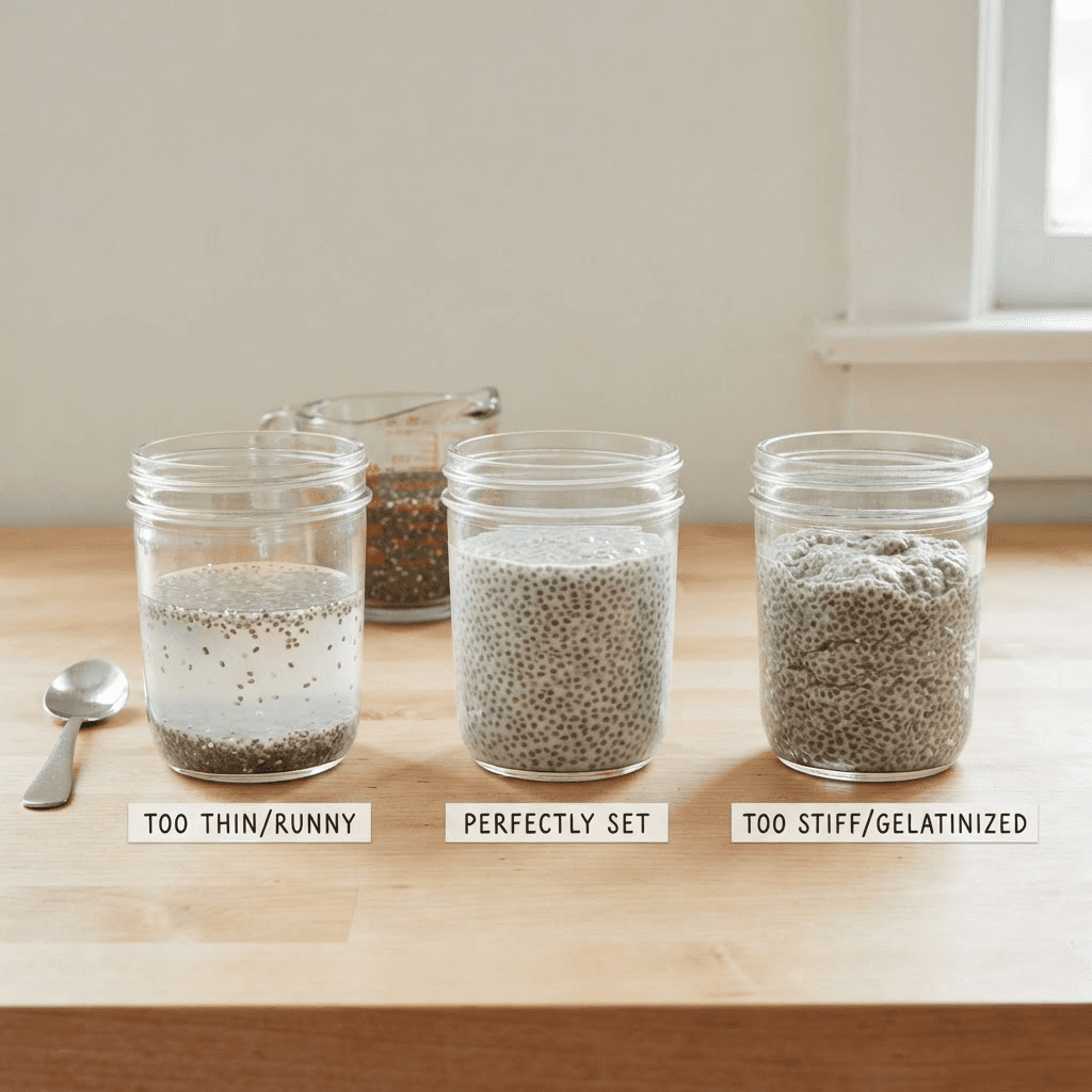 Three glass jars side by side showing chia pudding at different ratios: one thin and runny, one thick and perfectly set, one overly stiff and gel-like