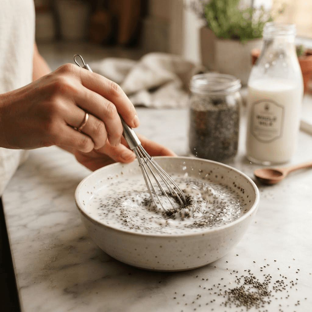 A hand whisking chia seeds into a bowl of milk with a small metal whisk, the seeds dispersing evenly through the creamy liquid