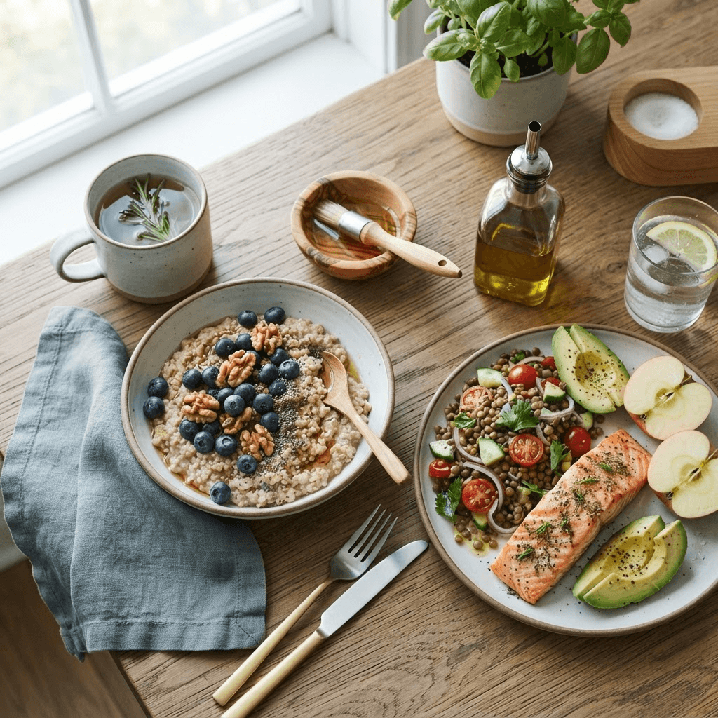Heart-healthy meal spread with oatmeal, berries, walnuts, salmon, lentils, avocado, apples and olive oil