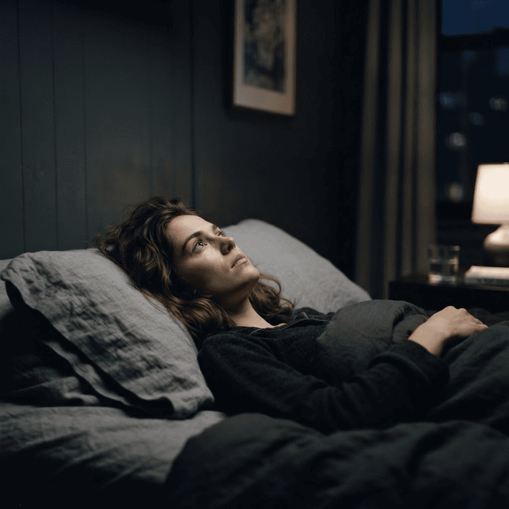 A person lying awake at night in a calm, dark slate-grey bedroom lit by a single soft bedside lamp