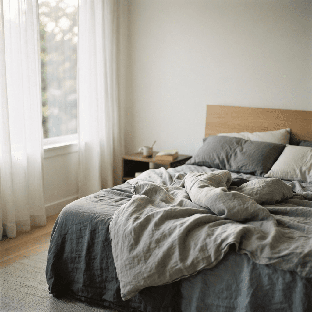 Soft early-morning daylight falling on rumpled grey bedding in a calm, restful bedroom