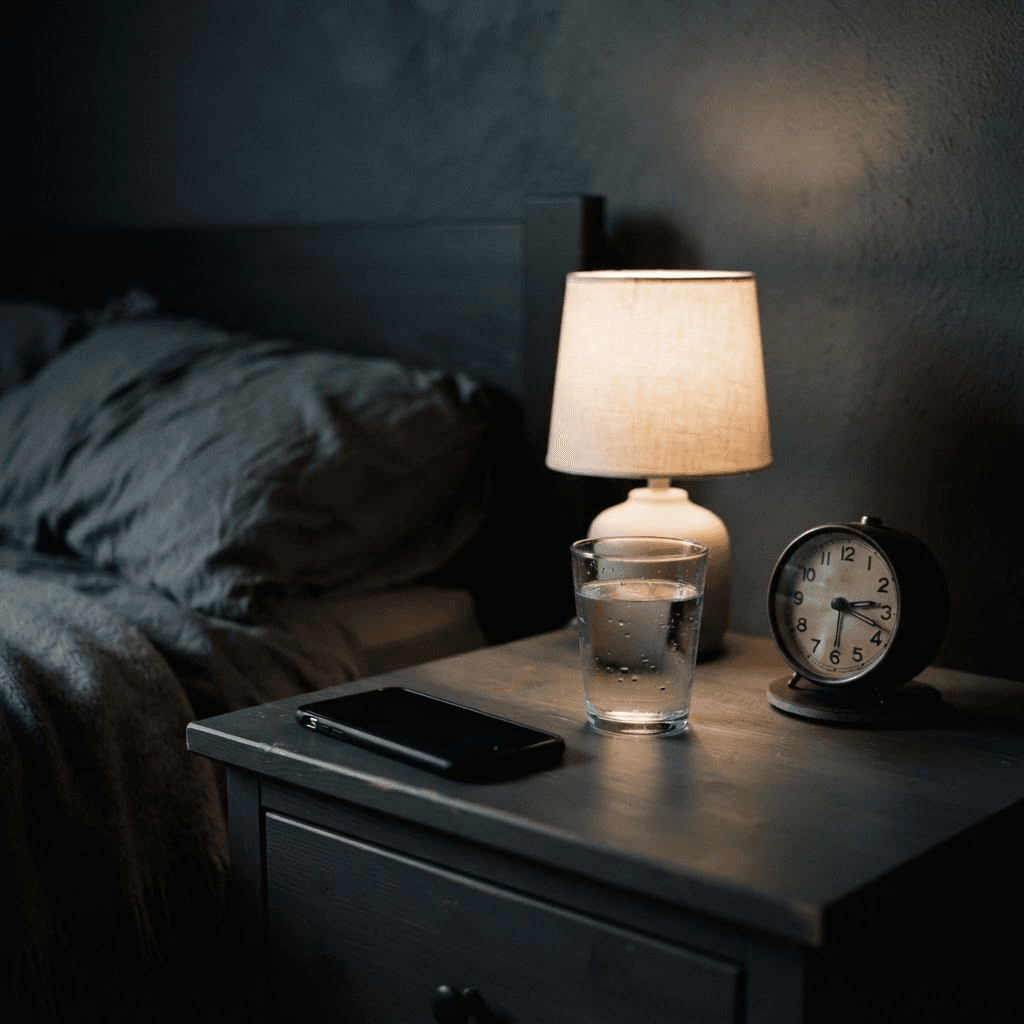 A dim bedside nightstand at night with a phone face down, a glass of water and a small analog alarm clock lit by a soft warm lamp