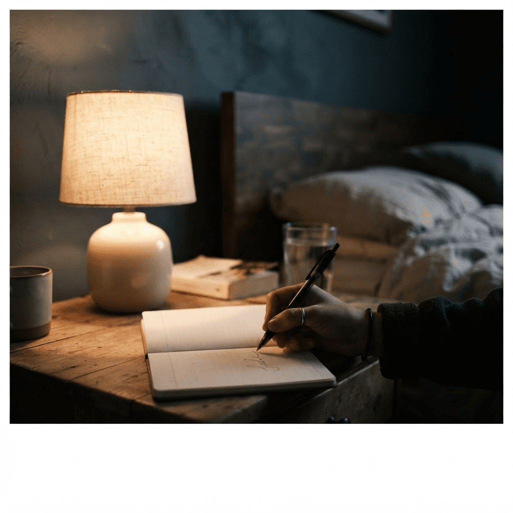 A hand writing a single word in a small open notebook on a bedside table under a warm lamp in a dark bedroom
