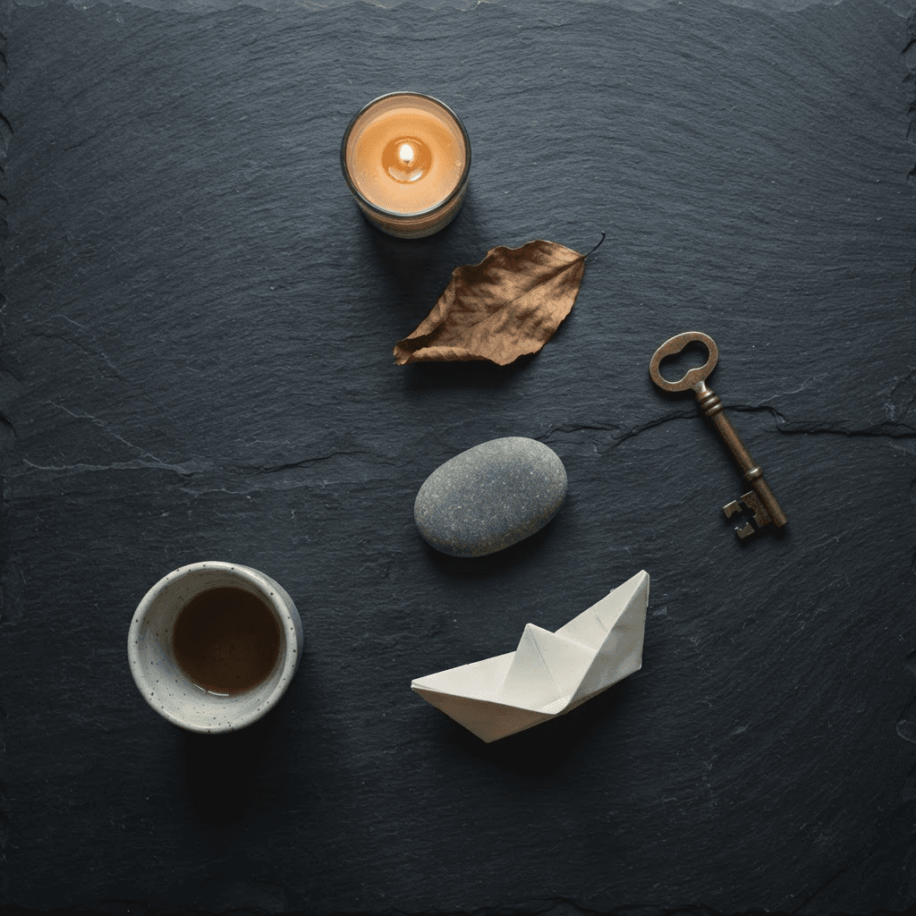 An overhead flat-lay of small unrelated neutral objects — a candle, a leaf, a key, a pebble, a paper boat and a cup — on a dark slate surface in dim light