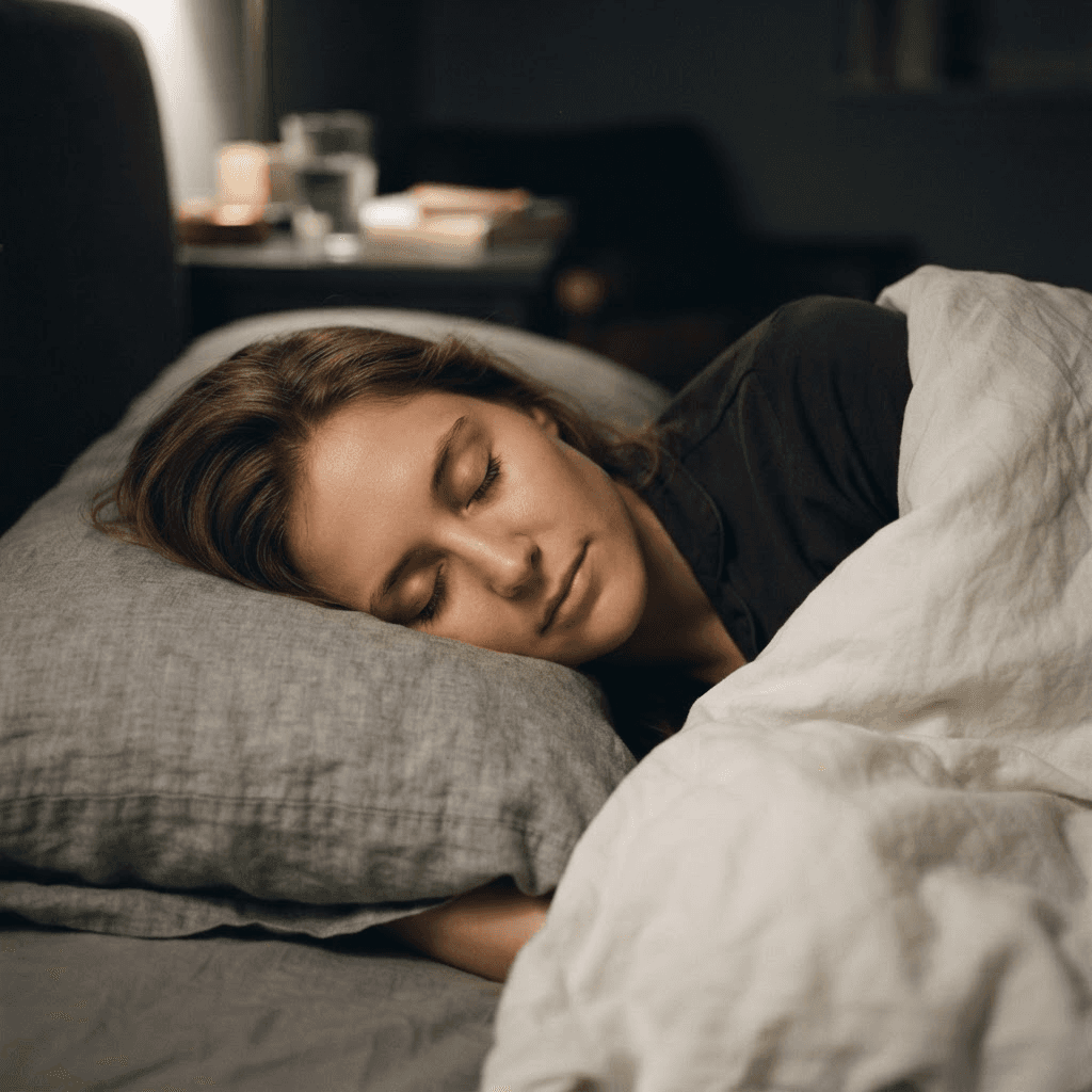 A person resting in bed with eyes gently closed and a relaxed face on a soft grey pillow in a dim slate-grey bedroom at night