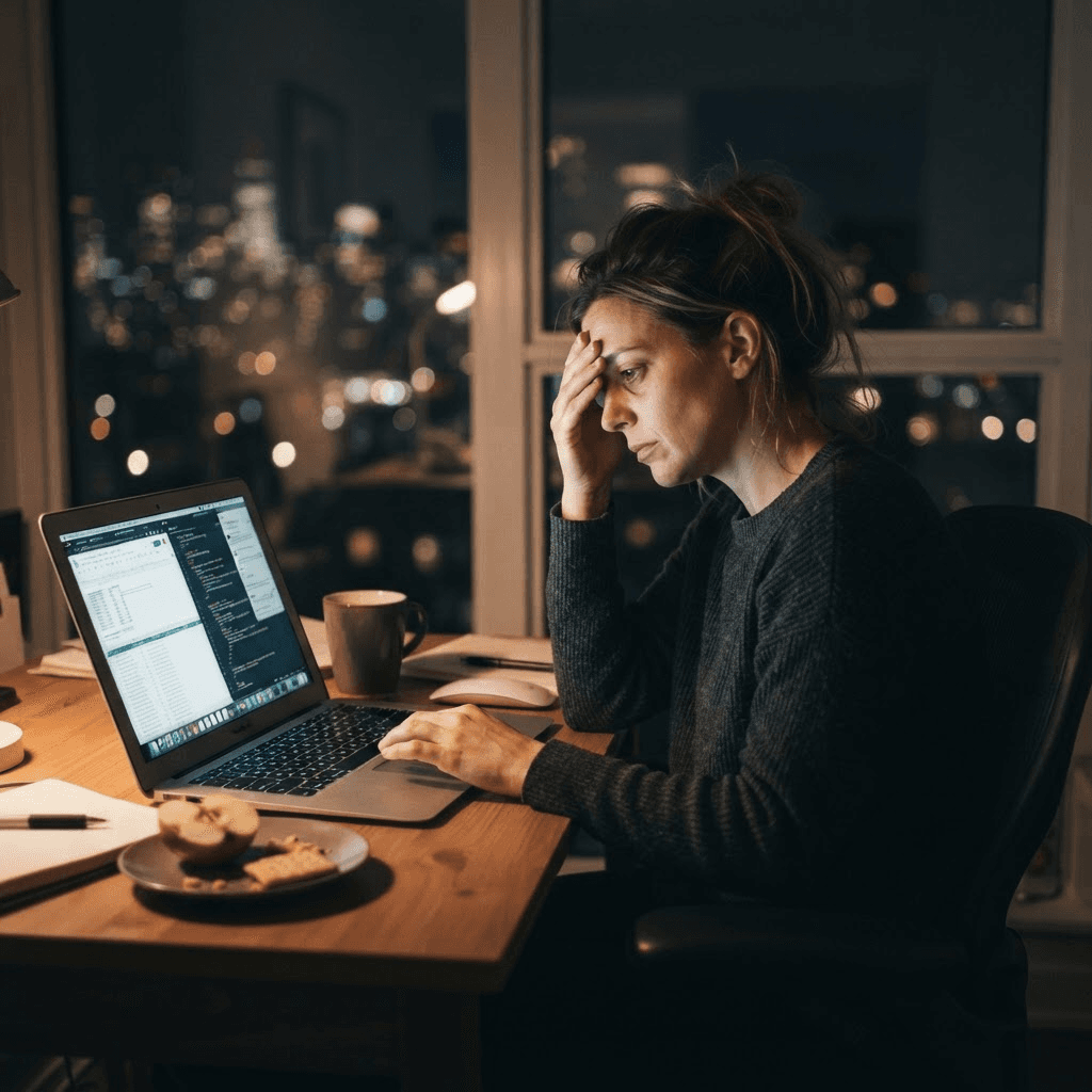 Tired woman resting her head in her hand at a home desk late at night, lit by a laptop screen with blurred city lights behind her