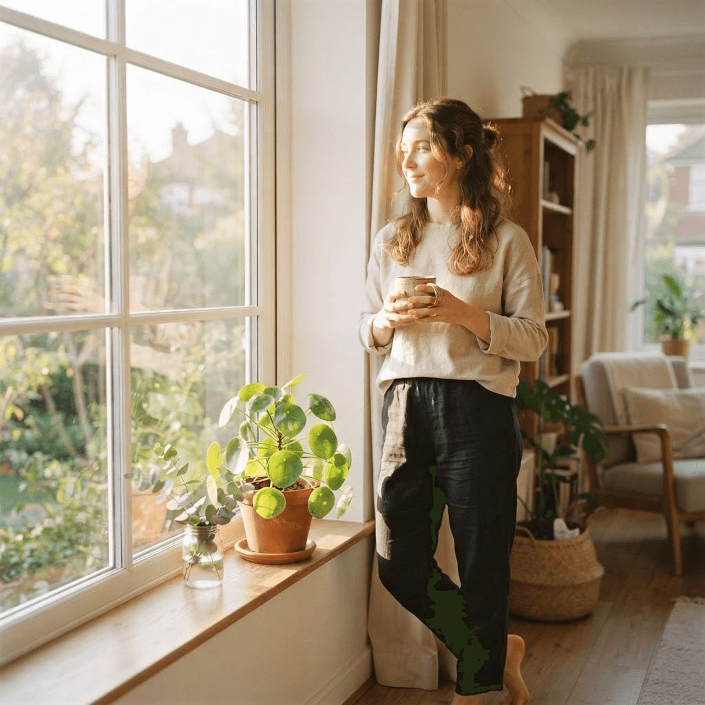 Person standing by a bright sunlit window in the morning holding a mug of tea, warm light across their face