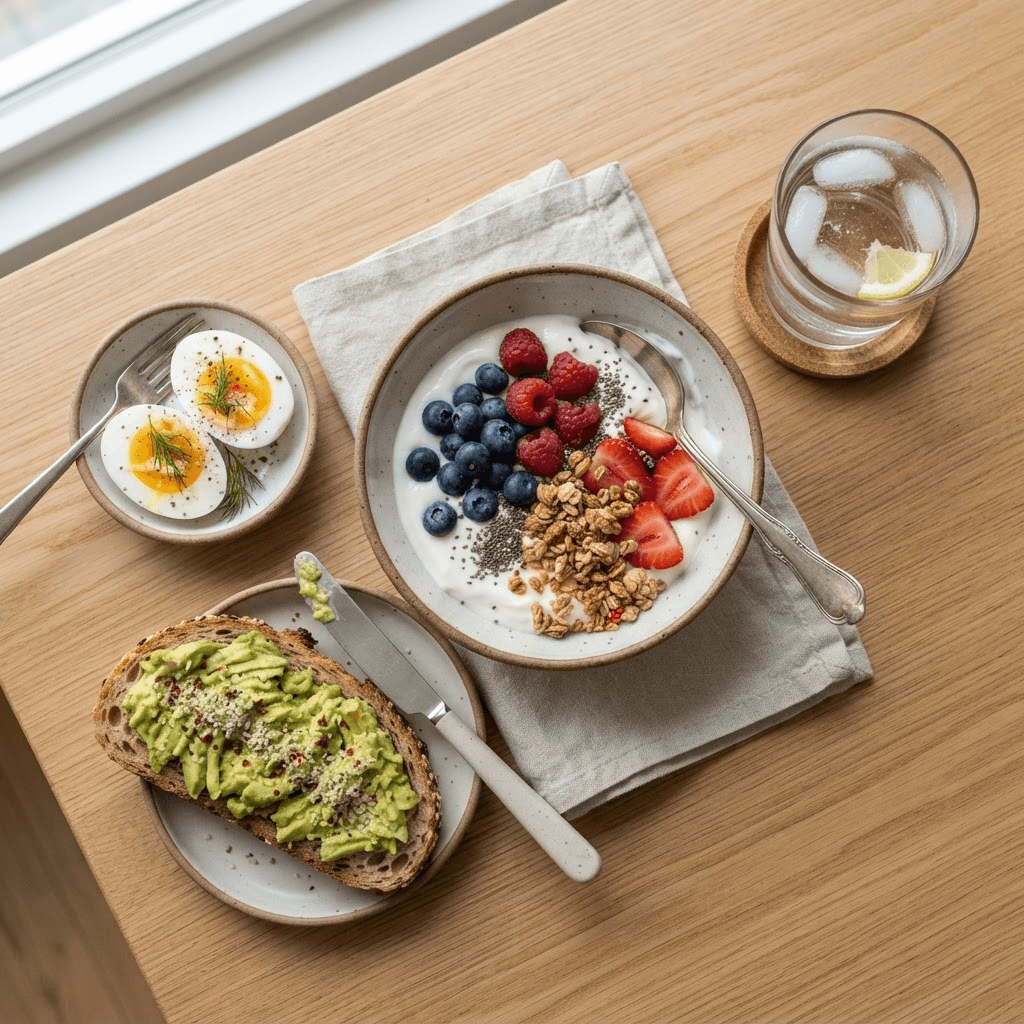Overhead view of a balanced high-protein breakfast with Greek yogurt and berries, boiled eggs, avocado toast and a glass of water