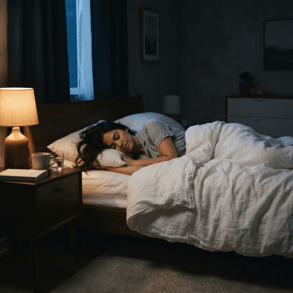 Person sleeping soundly in a cozy dim bedroom with soft white bedding and a low warm bedside lamp