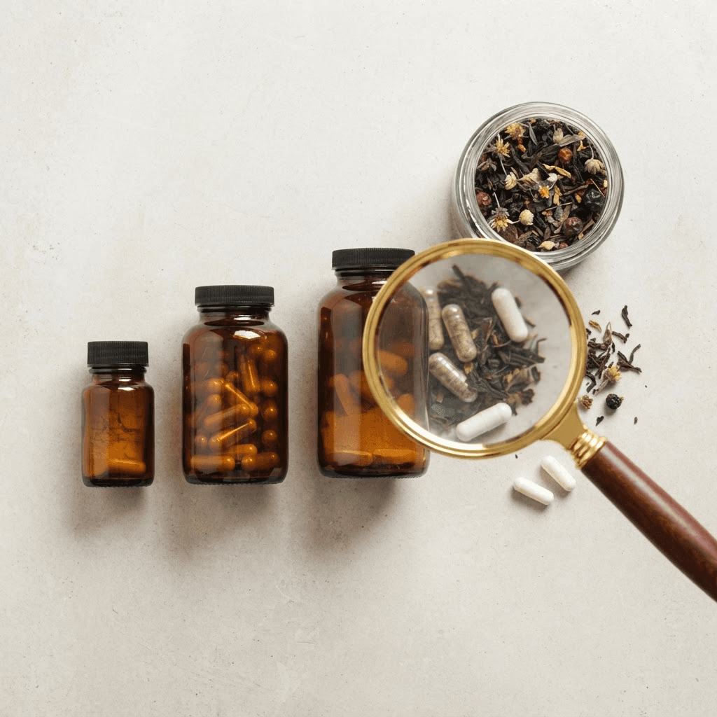 Overhead flatlay of unlabeled supplement bottles and a jar of detox herbal tea with a magnifying glass placed over them