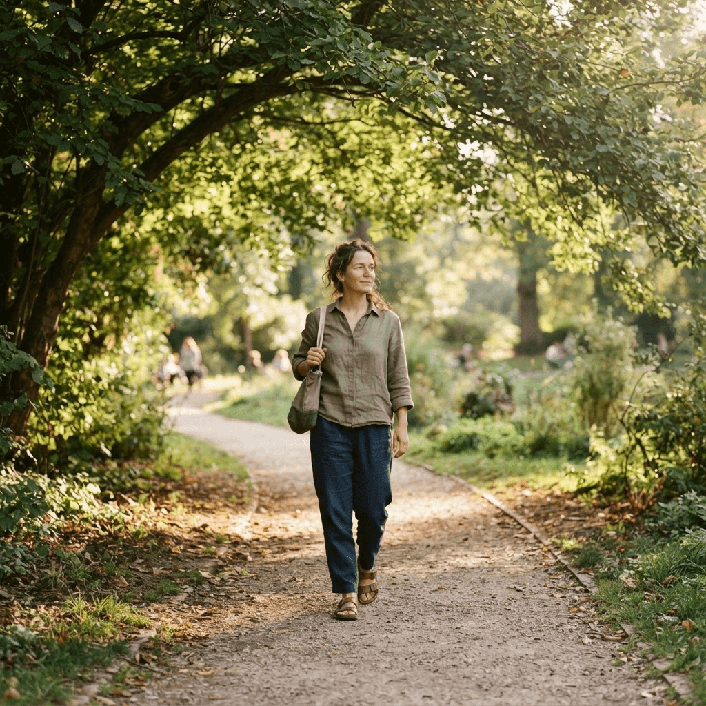 Person walking at a relaxed pace along a green tree-lined park path in soft afternoon light