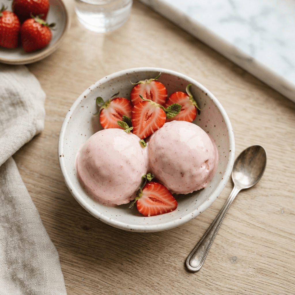 Two creamy scoops of pink strawberry cottage cheese ice cream in a ceramic bowl topped with fresh strawberry slices