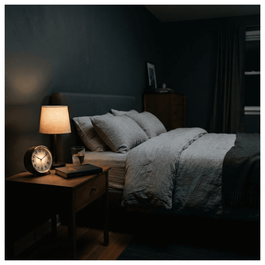 A calm dark bedroom at night lit by a single warm bedside lamp, with an analog clock, a glass of water and a closed book on the nightstand