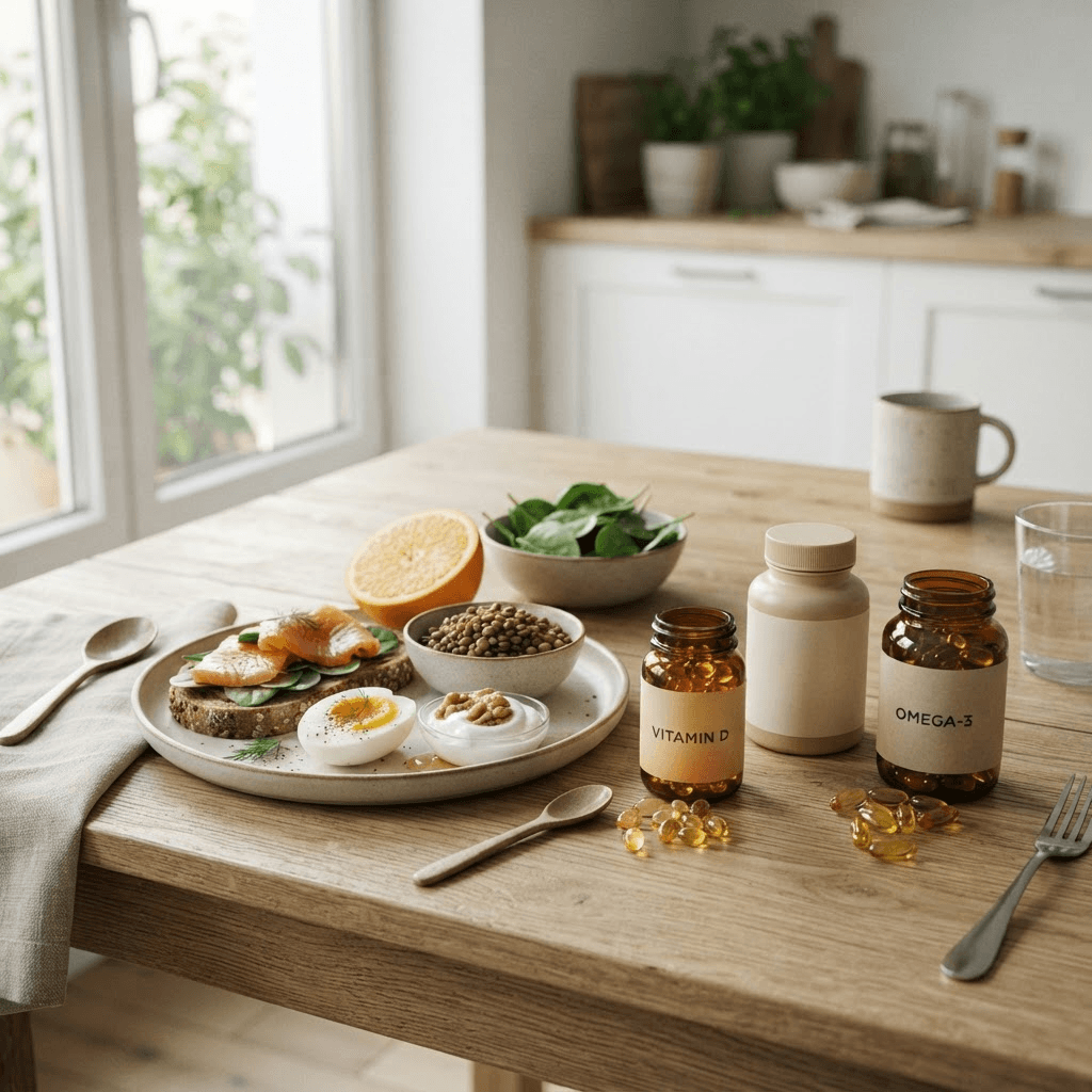 Vitamin bottles beside salmon, eggs, yogurt, spinach, lentils, walnuts and oranges on a kitchen table