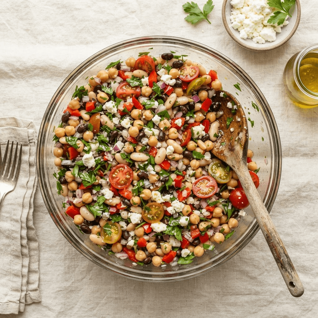 Large glass bowl of colorful dense bean salad with chickpeas, black beans, cucumber, red pepper, red onion, parsley and feta glossy with lemon dressing