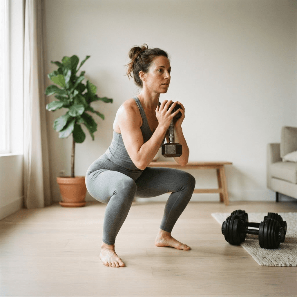 Woman performing a dumbbell goblet squat with a single dumbbell held against her chest during a full body home dumbbell workout in a bright living room