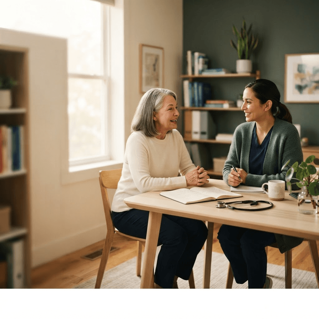 A healthcare professional and a patient talking across a desk in a calm, sunlit consultation room