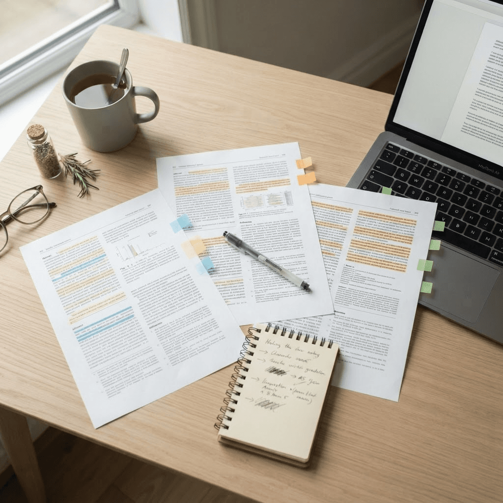 Printed research papers on a desk with passages highlighted, sticky tabs along the page edges and a notebook of handwritten notes