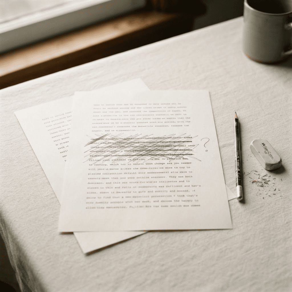 A manuscript page on a cream desk with a paragraph crossed out in pencil and a question mark drawn in the margin