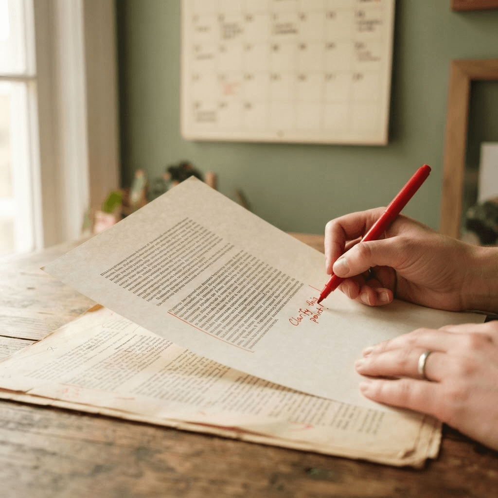 Hands adding a handwritten margin note in red pen to a printed article proof, with an earlier version of the page underneath