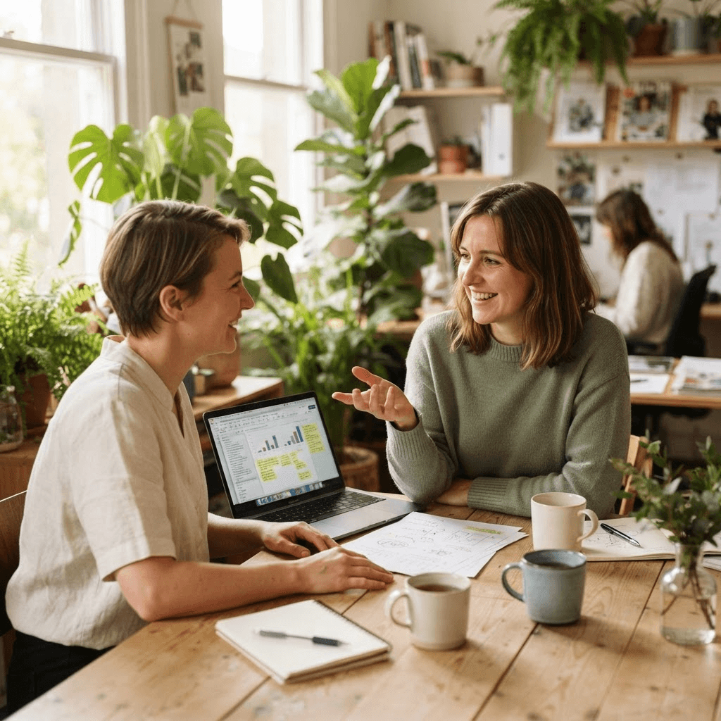 Two editorial colleagues talking over a laptop and a printed draft at a table in a bright plant-filled studio