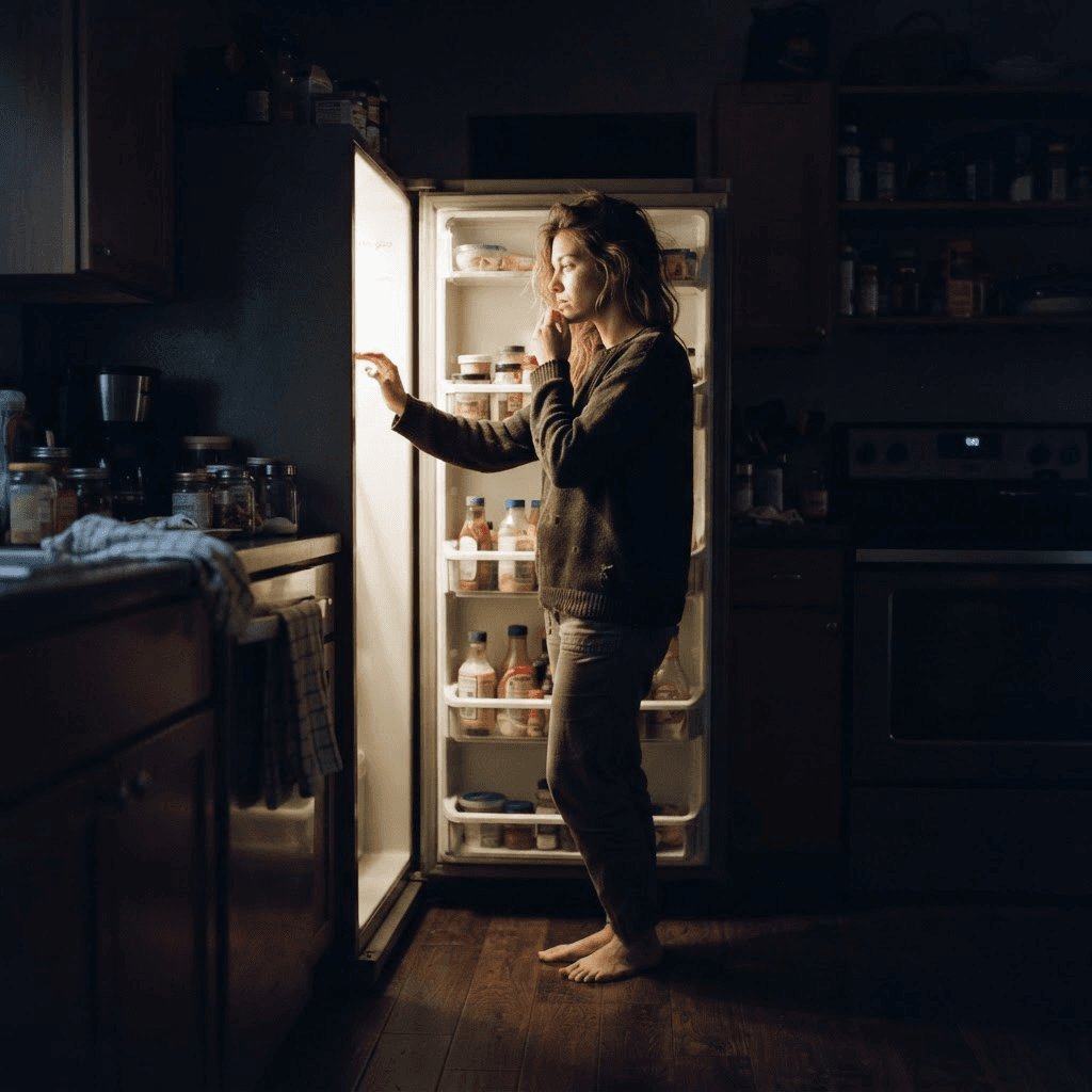 Person standing in front of an open refrigerator late at night in a dim kitchen, lit by the fridge light, looking undecided