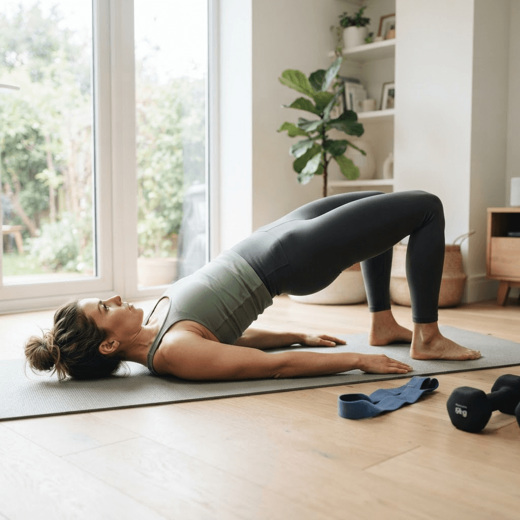 Woman holding the top of a floor glute bridge during a home glute workout in a bright living room