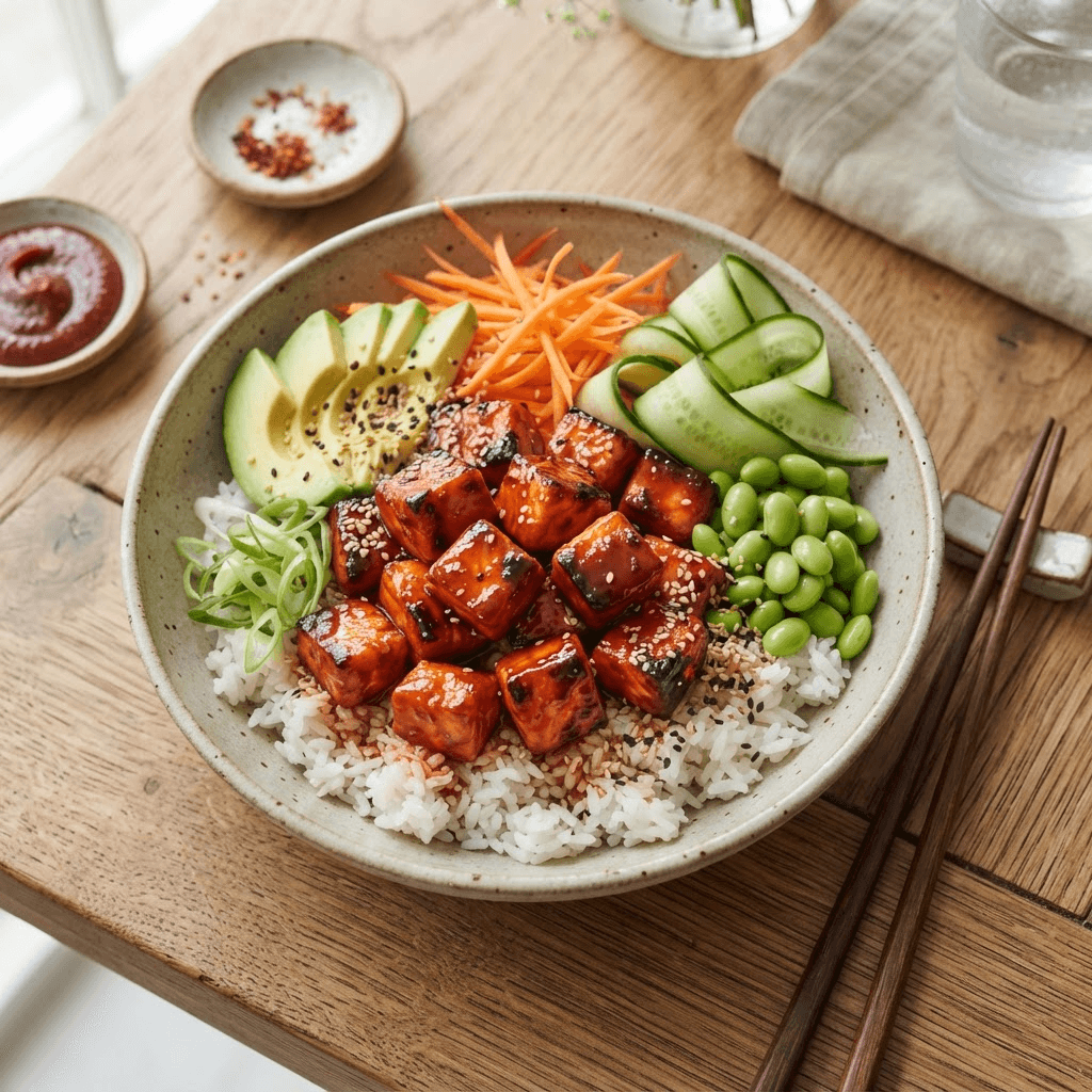 Overhead gochujang salmon rice bowl with glossy red-glazed salmon cubes over white rice, avocado, shredded carrot, cucumber, edamame and sesame seeds