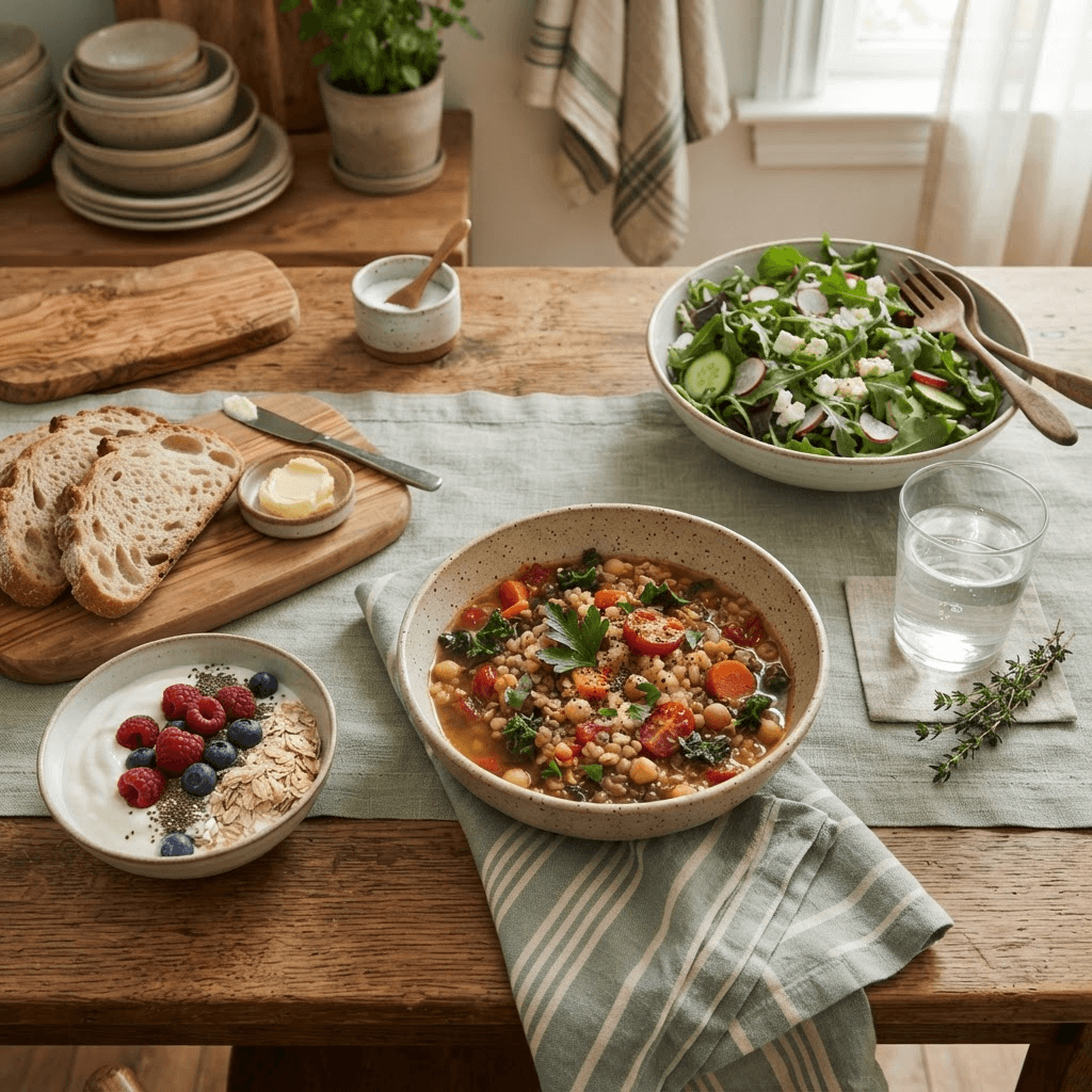Lentil and barley stew, yogurt, berries, oats, leafy greens and sourdough on an everyday kitchen table