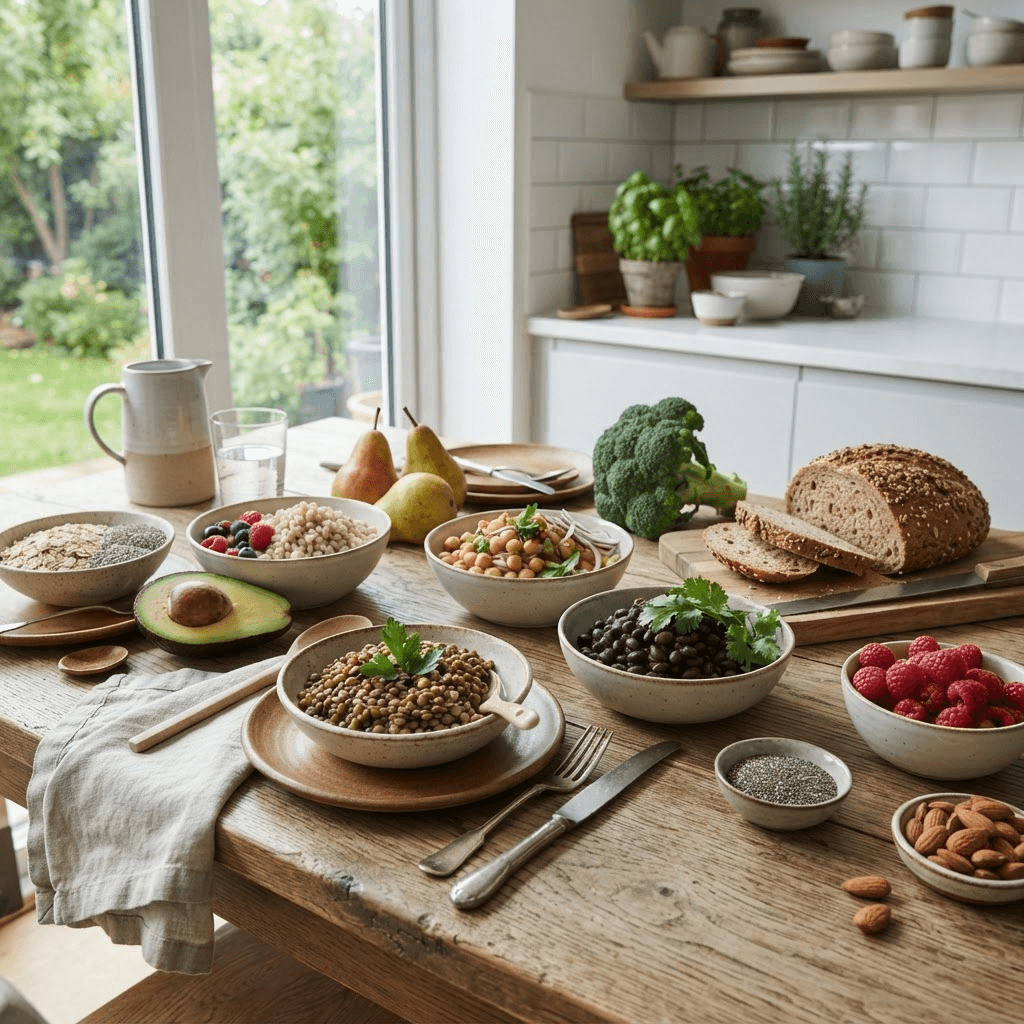 Lentils, chickpeas, oats, berries, pears, avocado, vegetables, seeds and whole-grain bread arranged on a kitchen table