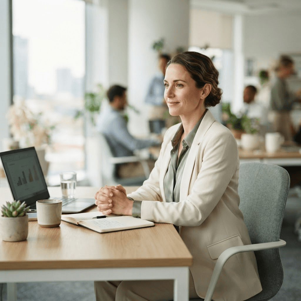 Composed professional woman smiling faintly at a tidy desk with subtly tense shoulders and clasped hands