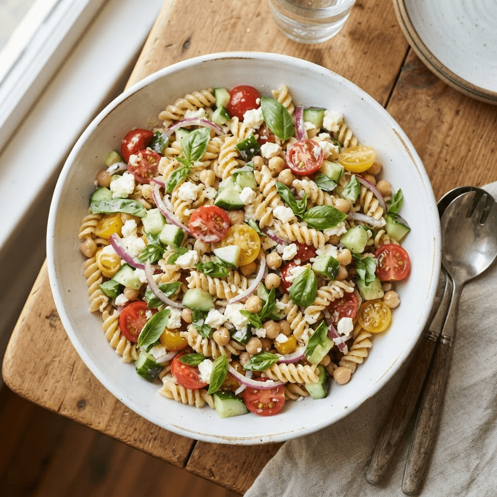 Large white bowl of high-protein pasta salad with chickpea rotini, cherry tomatoes, cucumber, feta, chickpeas and basil in a creamy dressing
