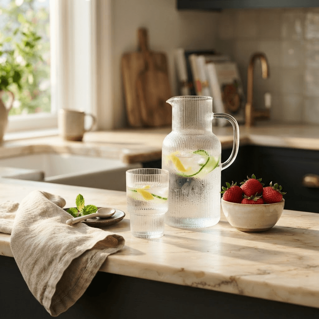 Condensation-covered water carafe and glass with cucumber, lemon and strawberries on a sunlit kitchen counter